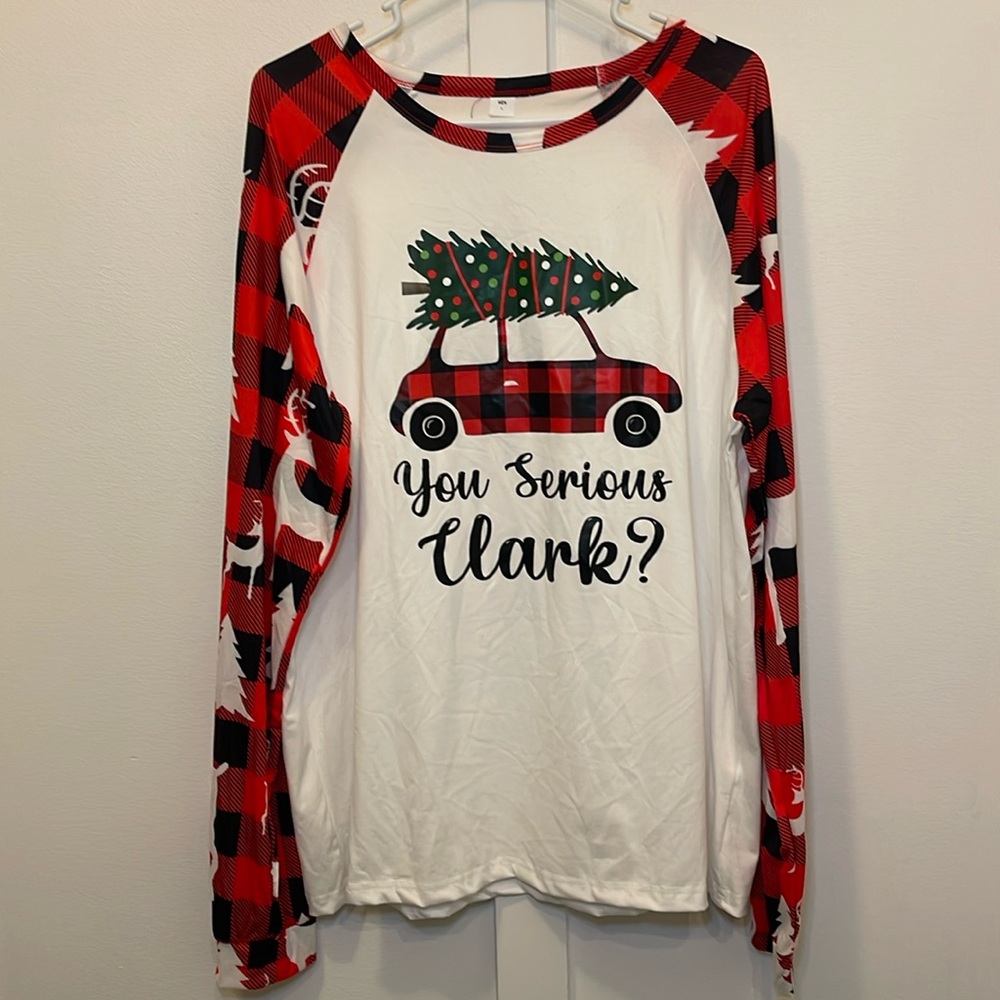 New Christmas shirt “ you serious Clark?” Unisex Large ,car tree Long Sleeves.